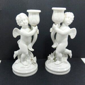 CHERUB Candle Holder Set White Porcelain Fruit Base Vintage